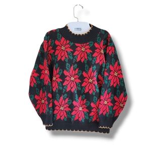 Sweater Loft | VTG Black/Red Poinsetta Mock Neck Chunky Knit Sweater
